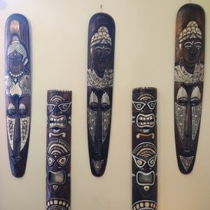 African Mask Wood Art Hand Carved Tribal Vintage Set of 5